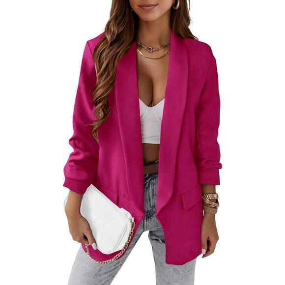 Women's Rose Red Casual Blazer Spring Fall Fashion Long Sleeve Open Front Work